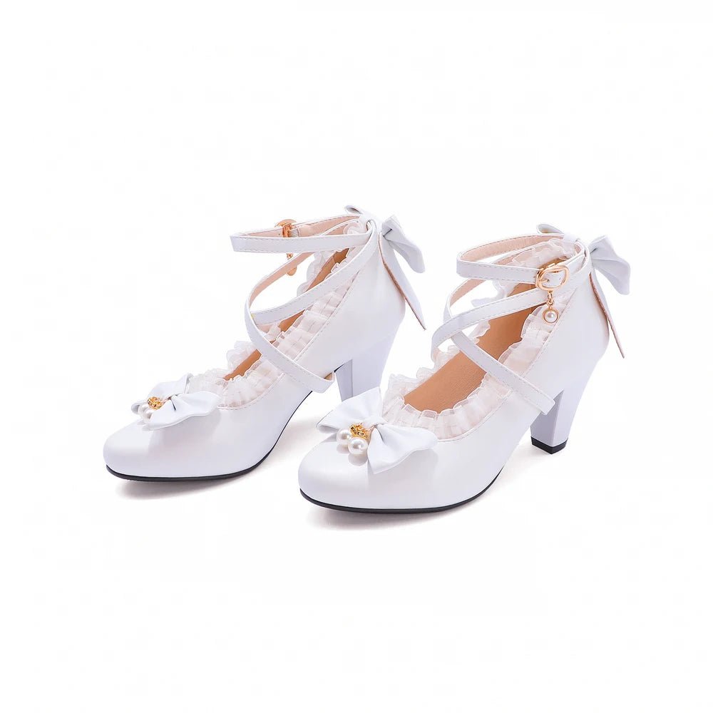 Cross-Strap Lace Bow Bridal Mary Jane Heels - Luzilly Bridal & Apparel