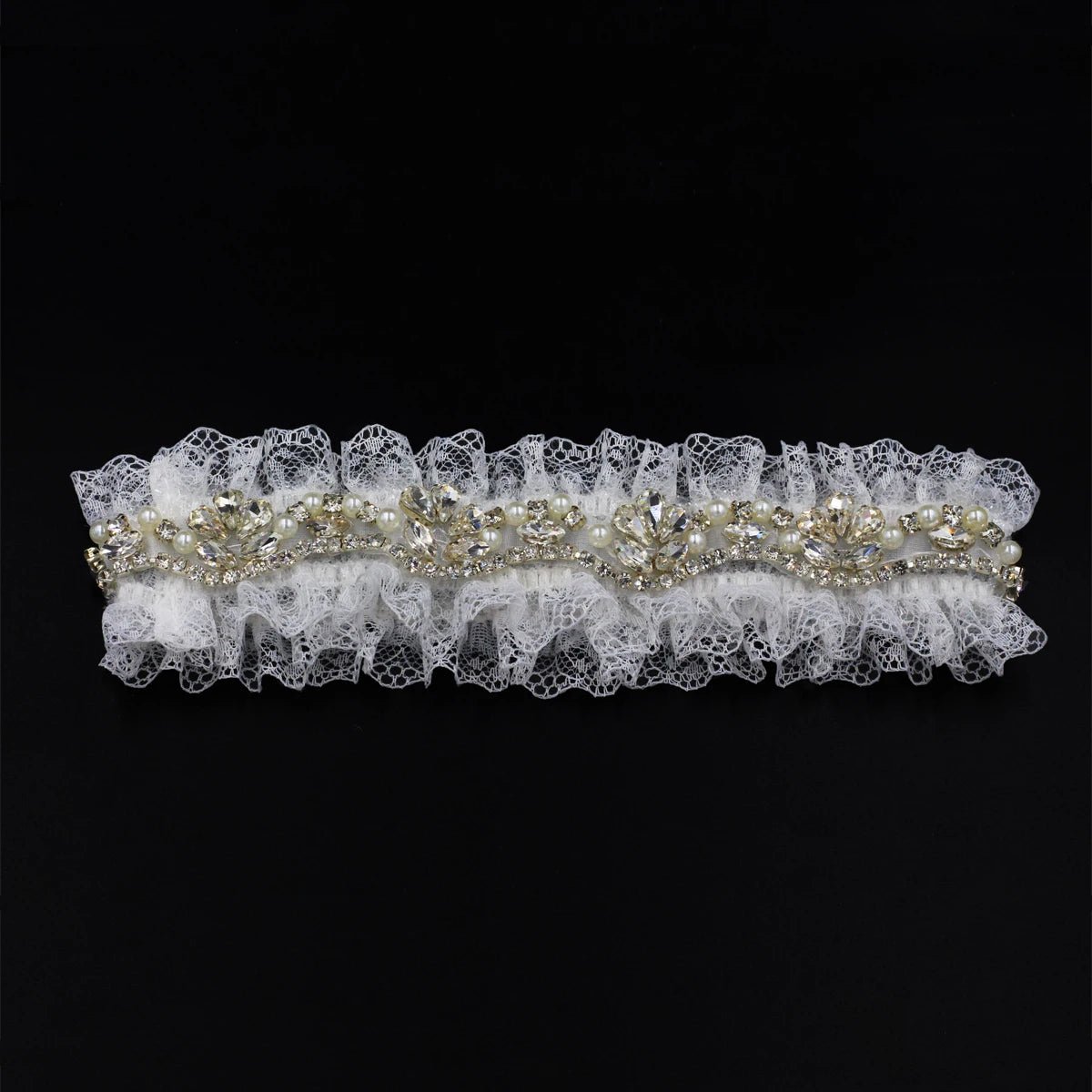 Crystal and Pearl Ruffled Lace Bridal Garter - Luzilly Bridal & Apparel