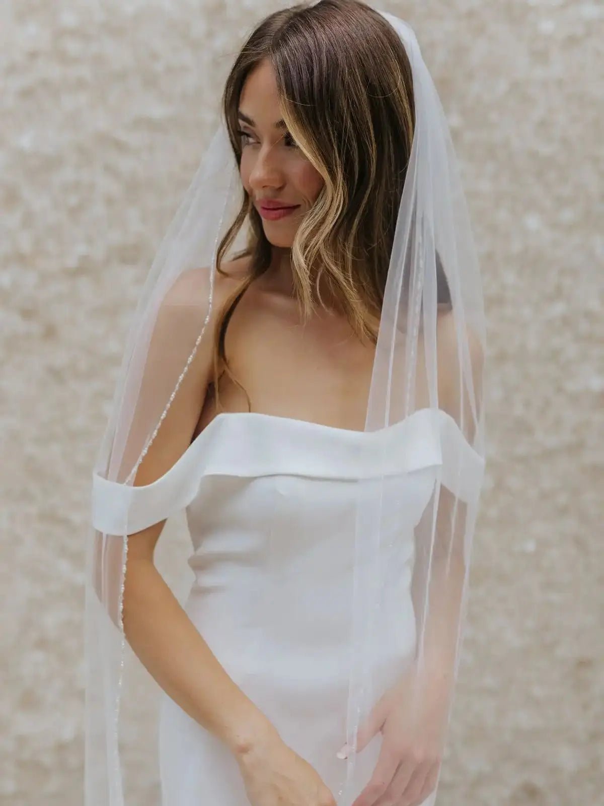 Crystal Beaded Fingertip Wedding Veil with Comb - Luzilly Bridal & Apparel