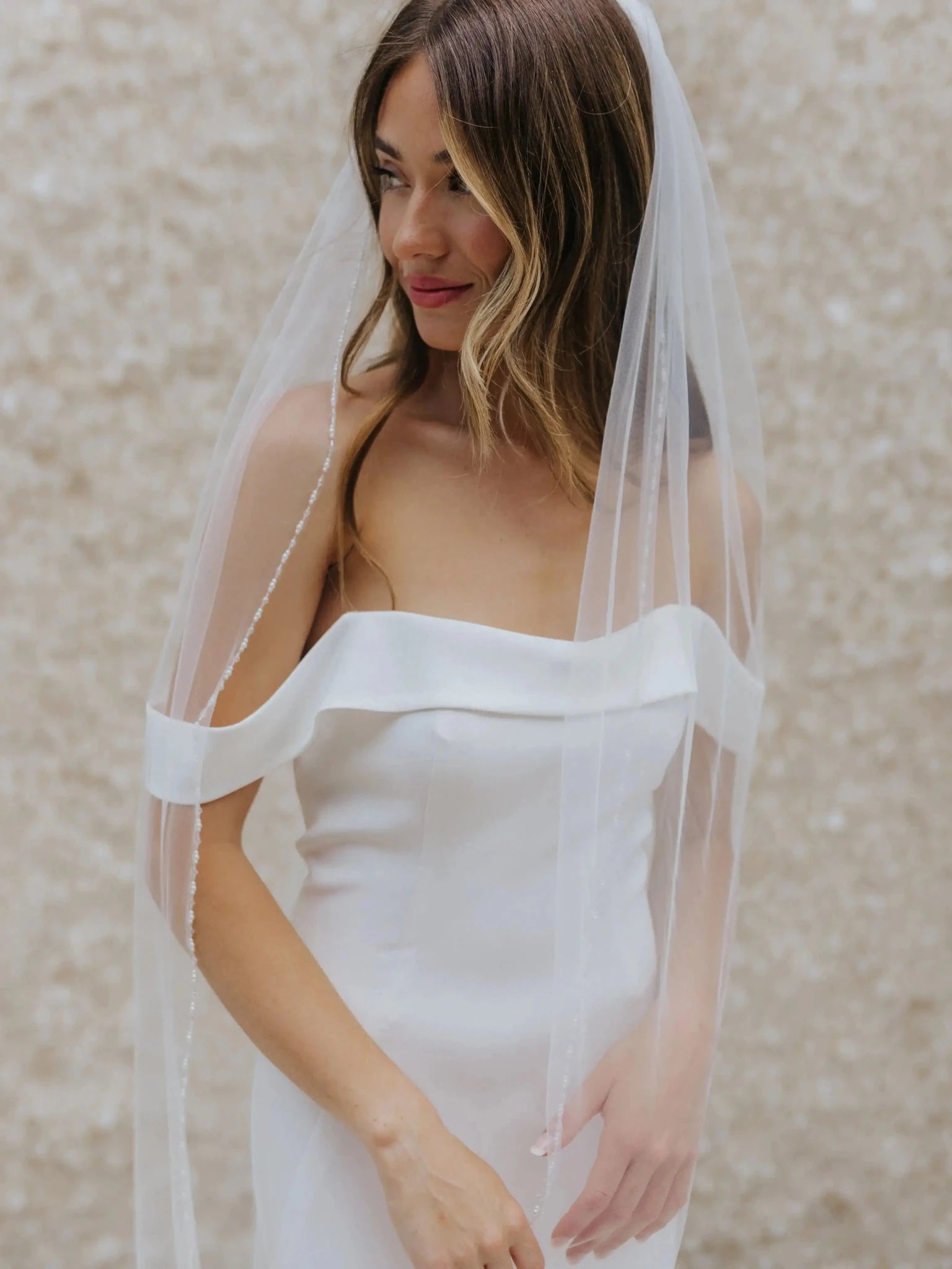 Crystal Beaded Fingertip Wedding Veil with Comb - Luzilly Bridal & Apparel