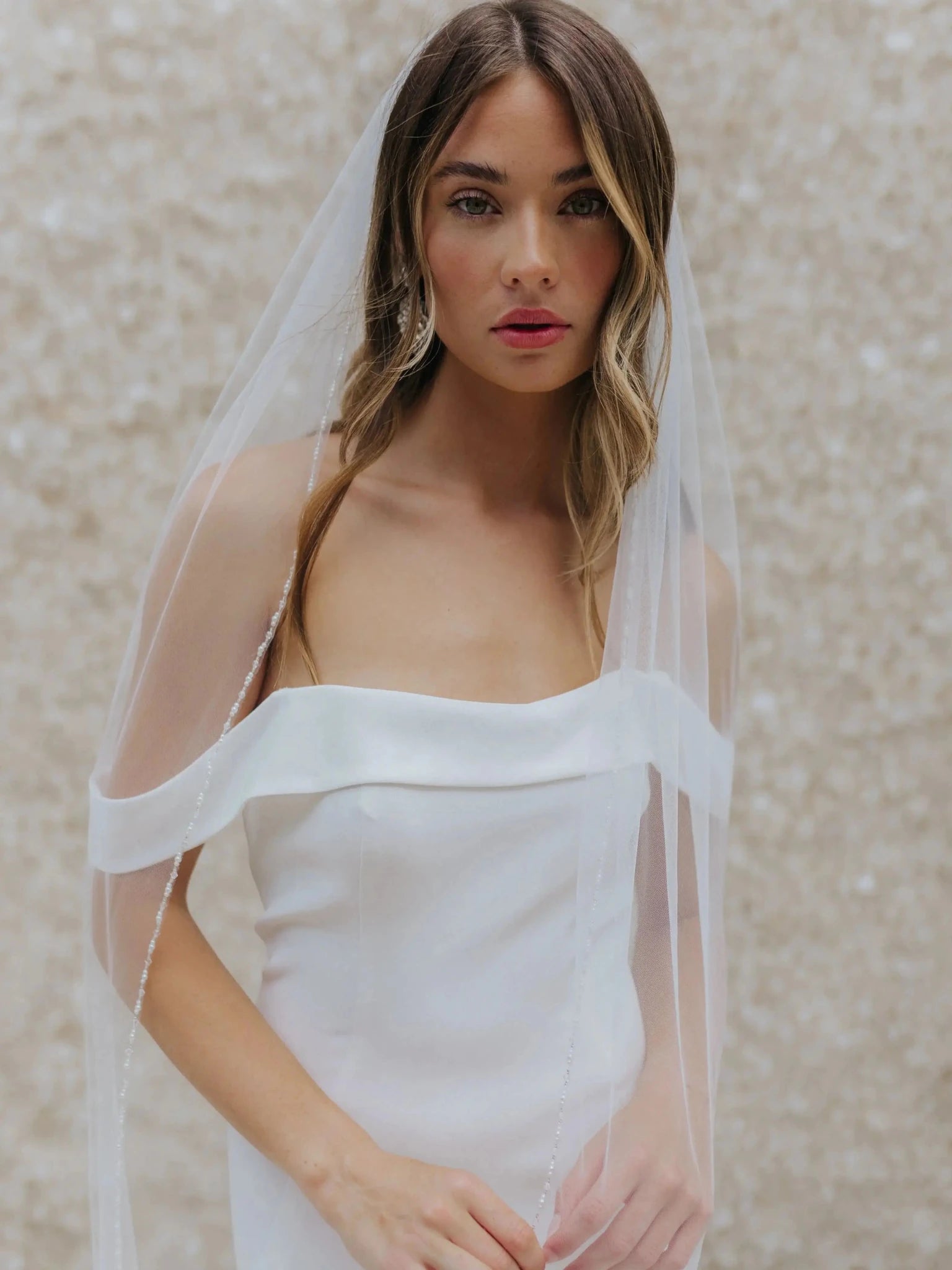 Crystal Beaded Fingertip Wedding Veil with Comb - Luzilly Bridal & Apparel