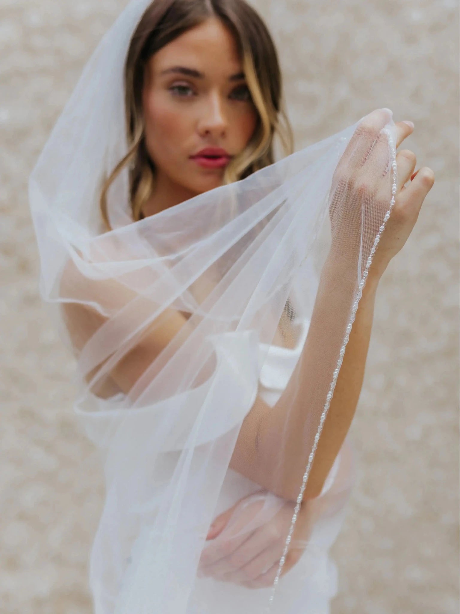 Crystal Beaded Fingertip Wedding Veil with Comb - Luzilly Bridal & Apparel