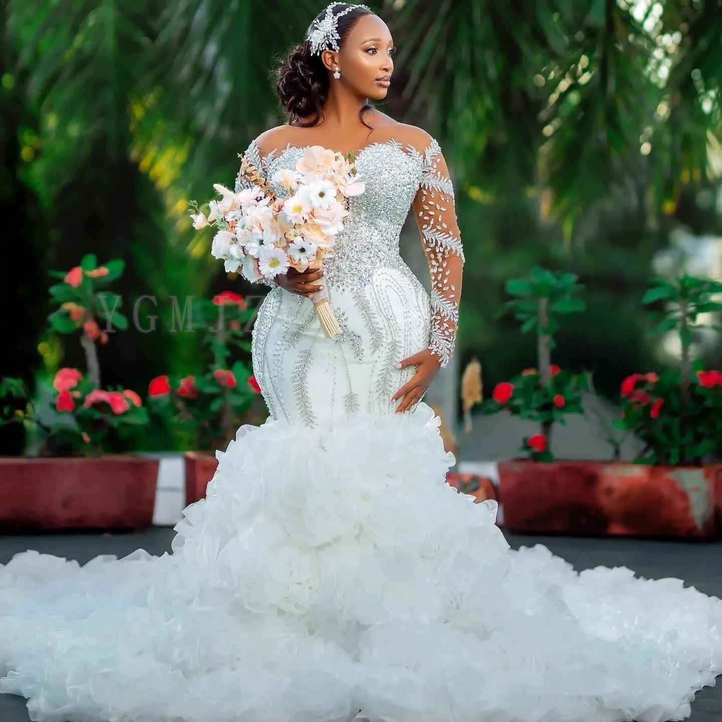 Crystal Beaded Mermaid Wedding Gown with Ruffle Train - Luzilly Bridal & Apparel