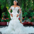 Crystal Beaded Mermaid Wedding Gown with Ruffle Train - Luzilly Bridal & Apparel