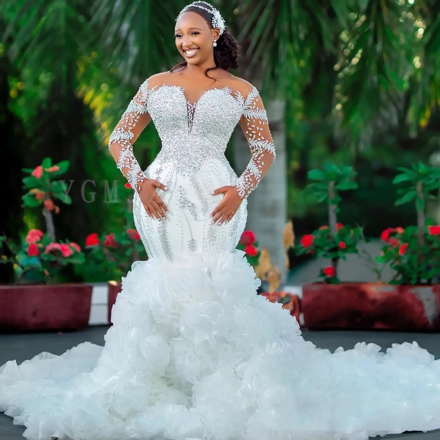 Crystal Beaded Mermaid Wedding Gown with Ruffle Train - Luzilly Bridal & Apparel