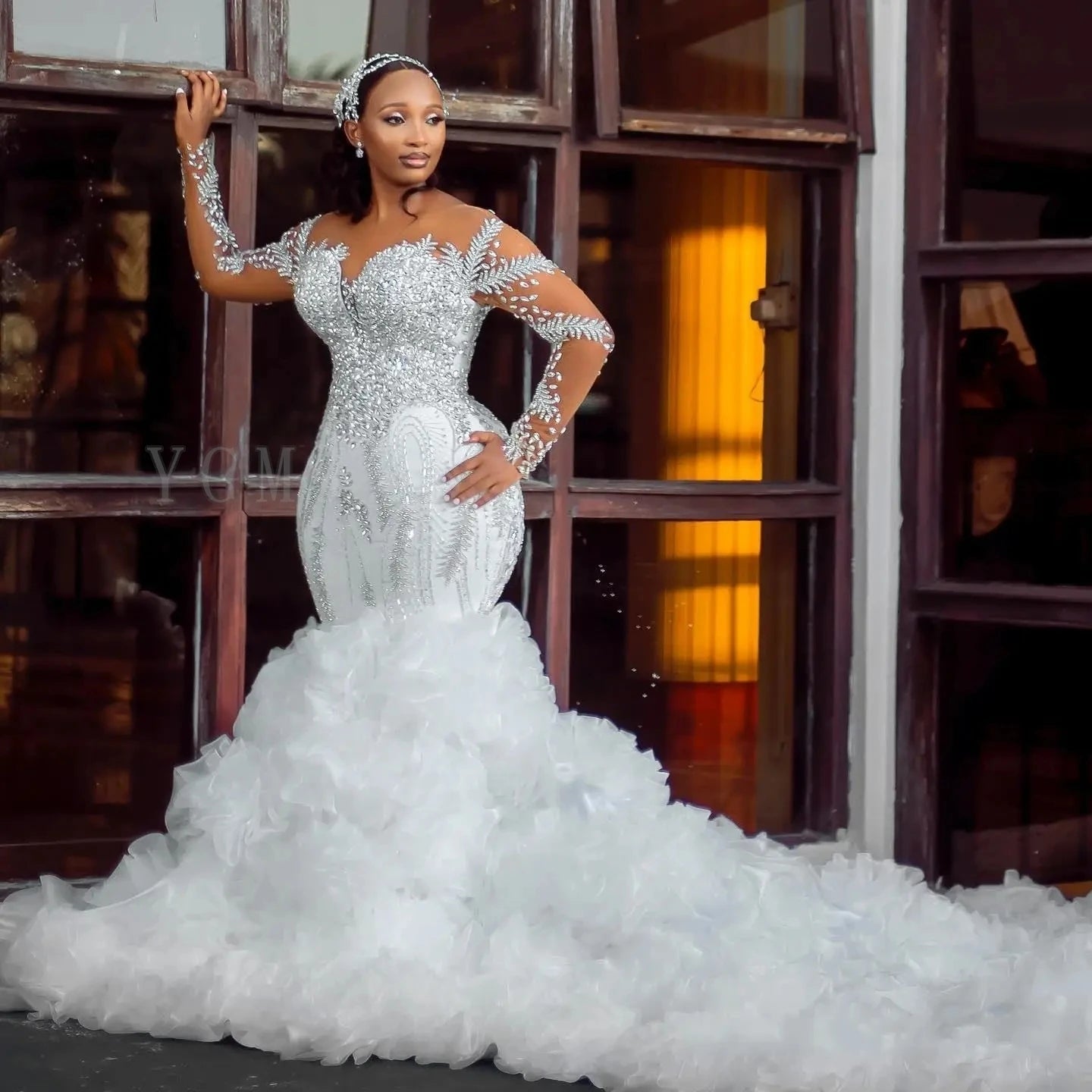 Crystal Beaded Mermaid Wedding Gown with Ruffle Train - Luzilly Bridal & Apparel