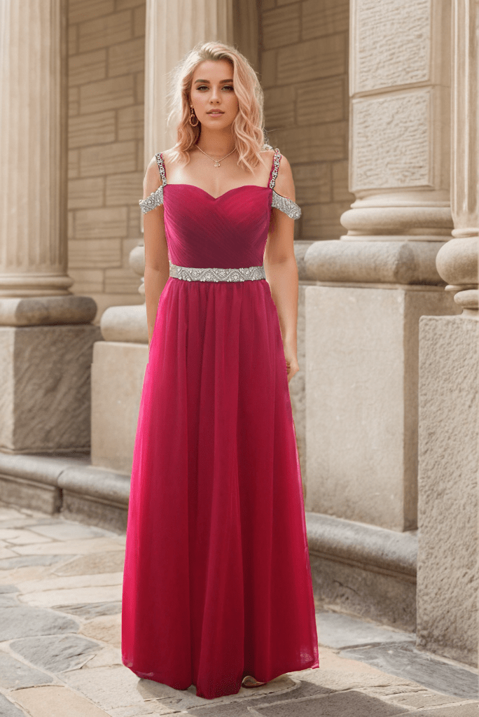 Crystal Beaded Off-shoulder Ruby Red Japanese A-line Soft Tulle Prom Dress - Luzilly Bridal & Apparel