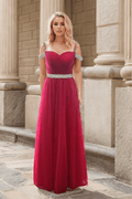 Crystal Beaded Off-shoulder Ruby Red Japanese A-line Soft Tulle Prom Dress - Luzilly Bridal & Apparel