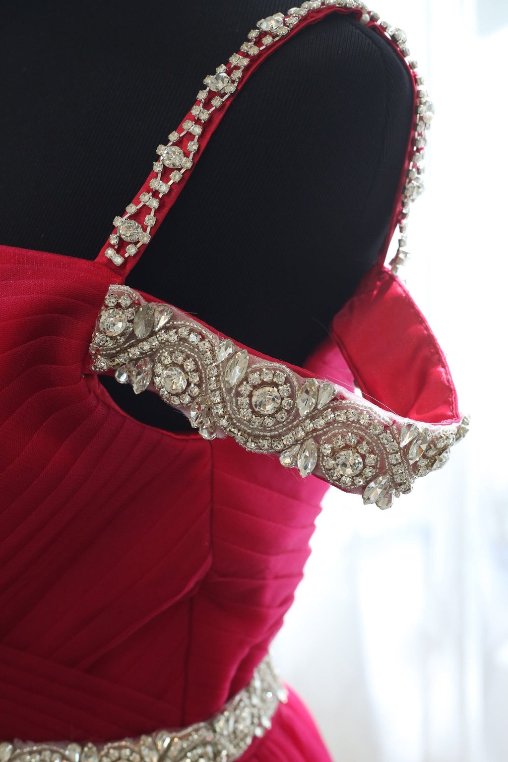 Crystal Beaded Off-shoulder Ruby Red Japanese A-line Soft Tulle Prom Dress - Luzilly Bridal & Apparel