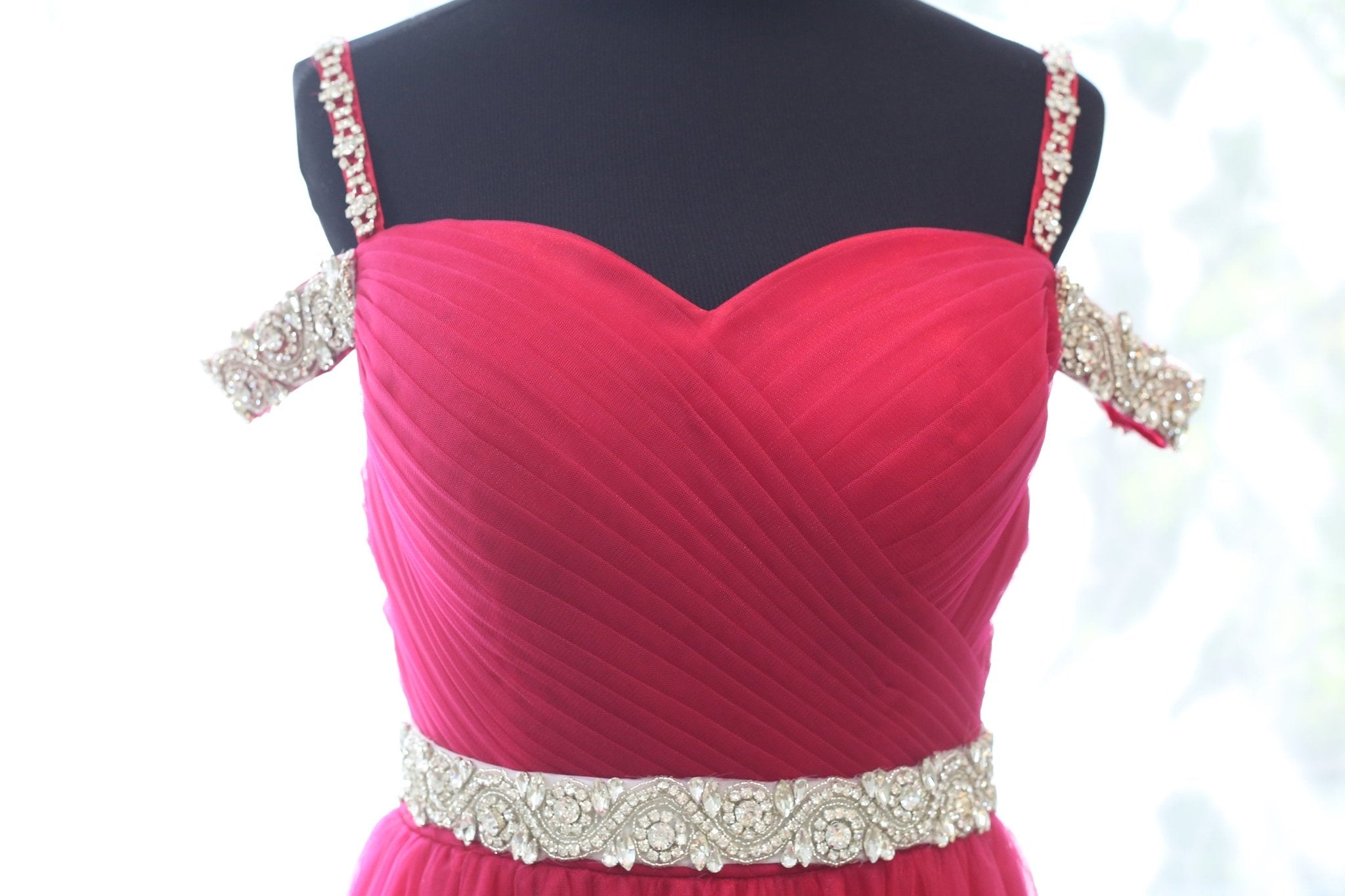 Crystal Beaded Off-shoulder Ruby Red Japanese A-line Soft Tulle Prom Dress - Luzilly Bridal & Apparel