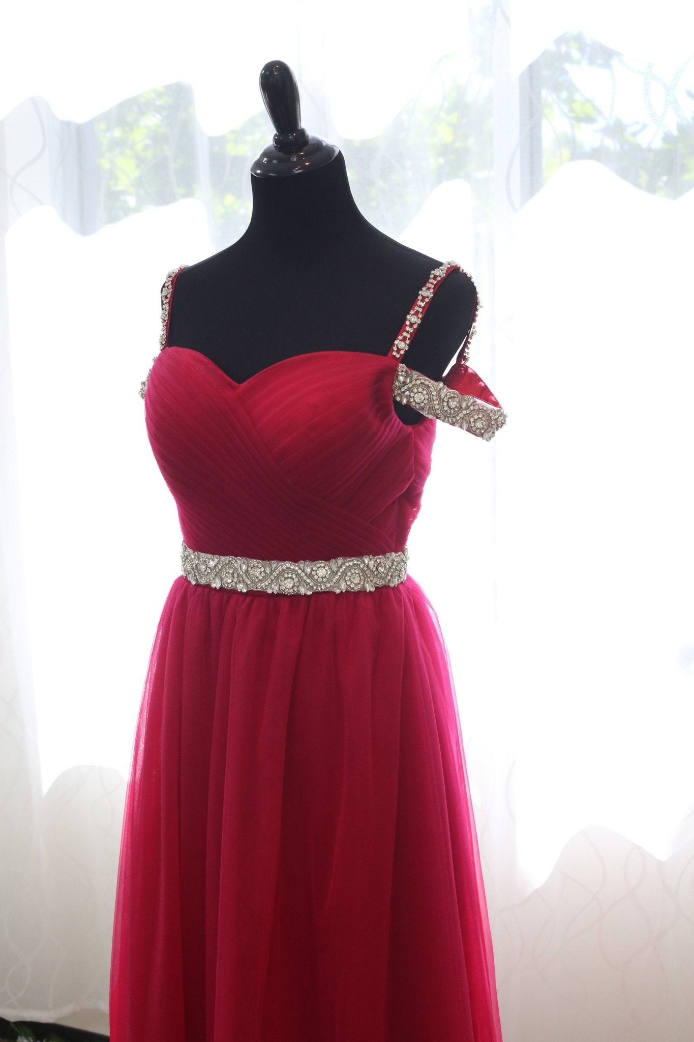 Crystal Beaded Off-shoulder Ruby Red Japanese A-line Soft Tulle Prom Dress - Luzilly Bridal & Apparel