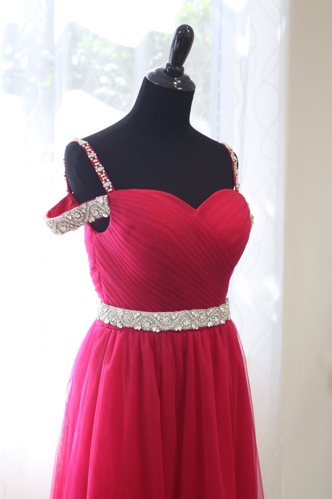 Crystal Beaded Off-shoulder Ruby Red Japanese A-line Soft Tulle Prom Dress - Luzilly Bridal & Apparel