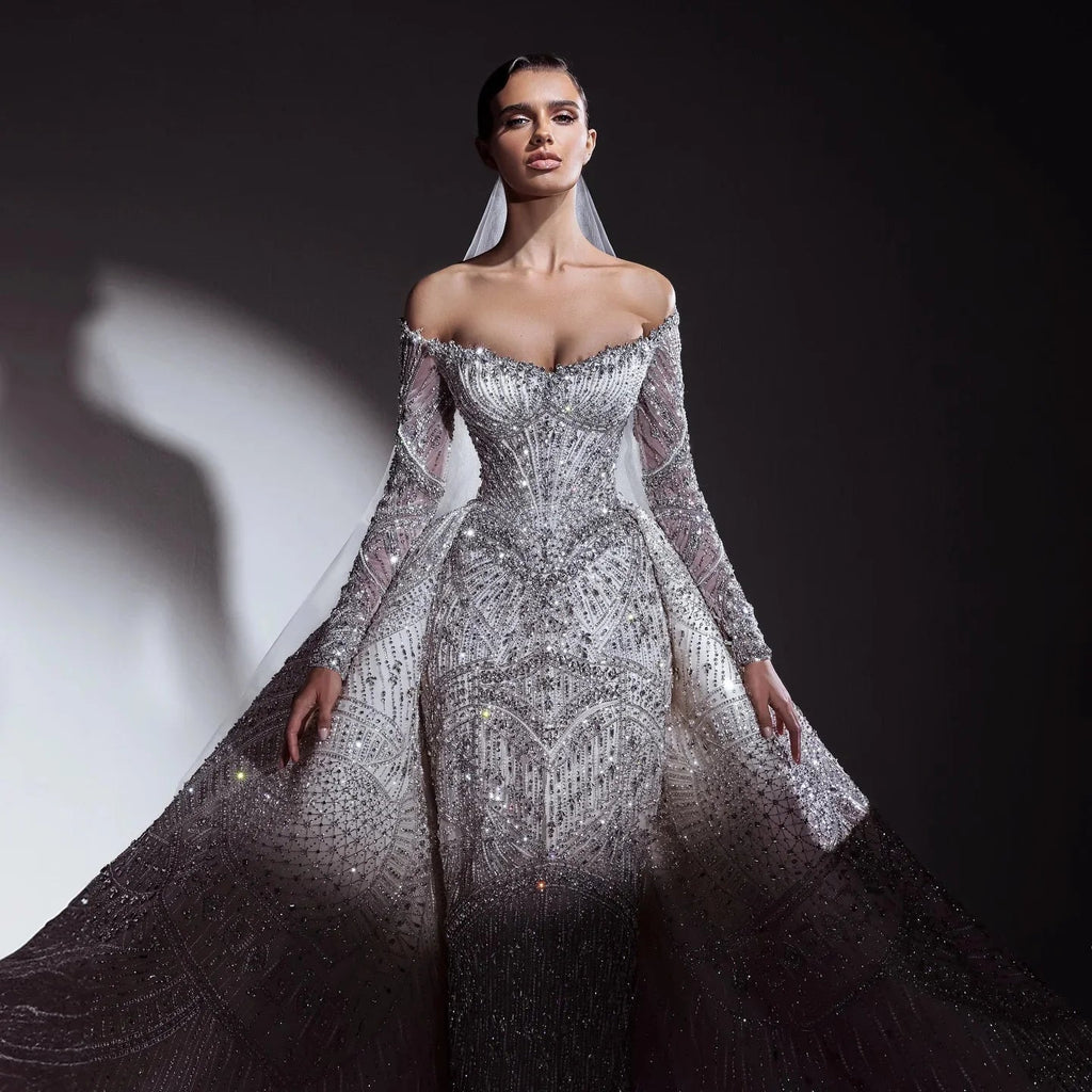 Crystal Beaded Sheath Wedding Gown with Detachable Train - Luzilly Bridal & Apparel
