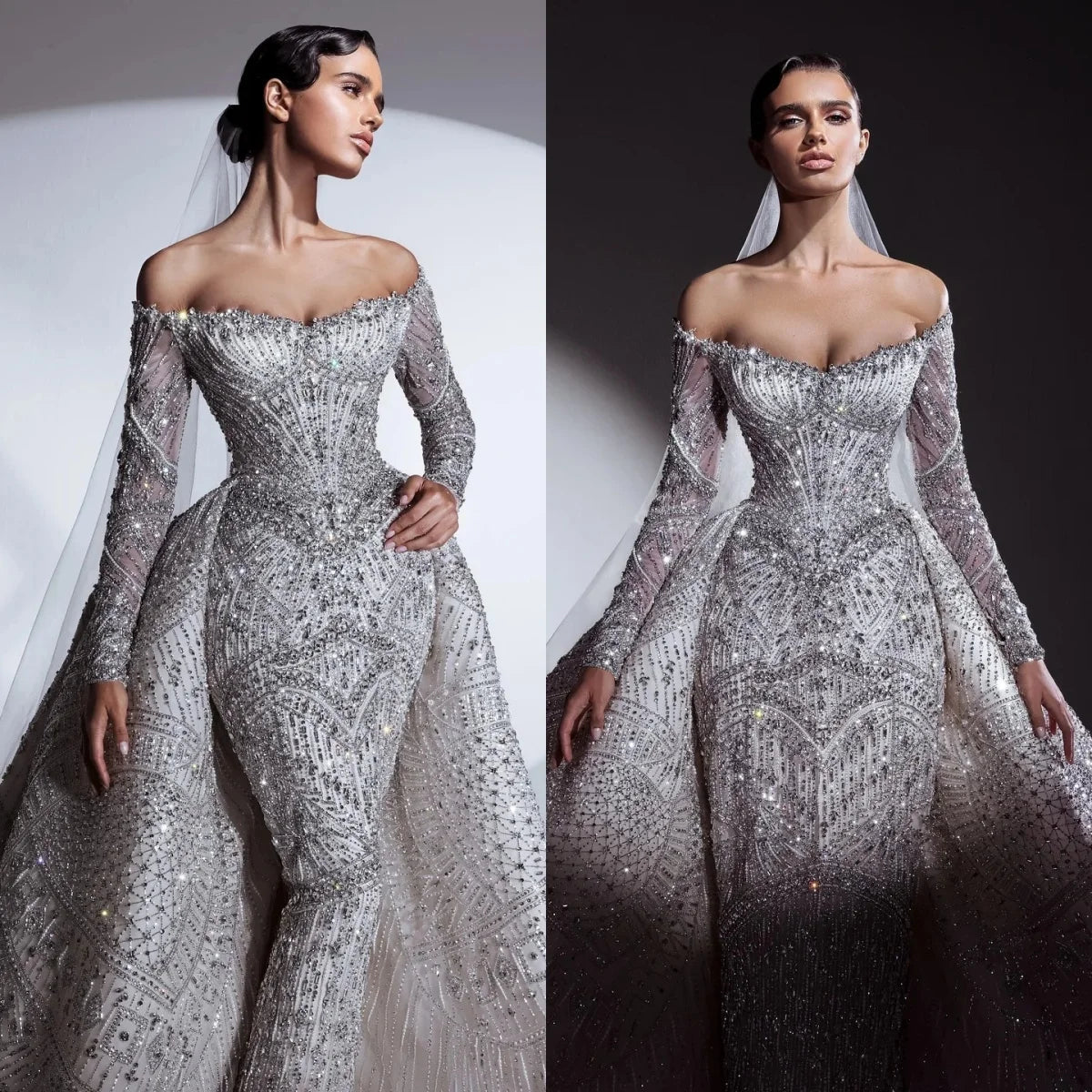 Crystal Beaded Sheath Wedding Gown with Detachable Train - Luzilly Bridal & Apparel