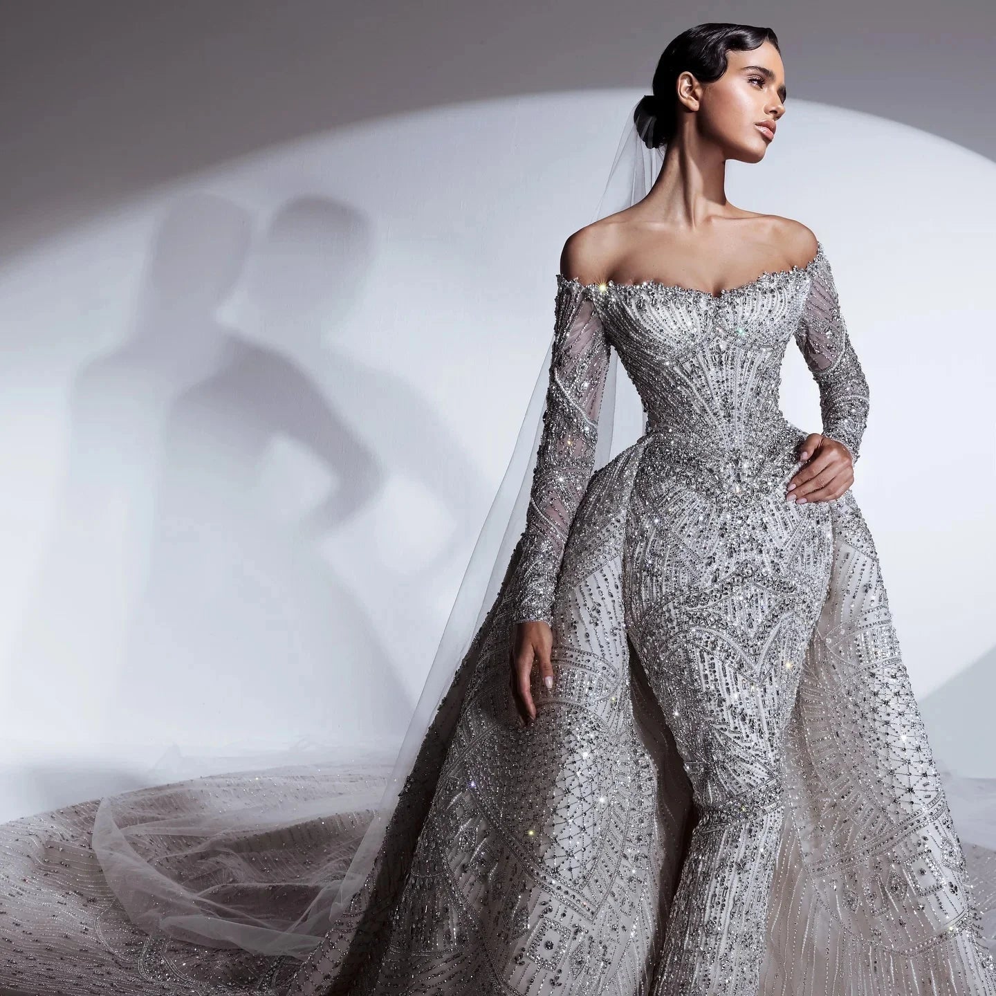 Crystal Beaded Sheath Wedding Gown with Detachable Train - Luzilly Bridal & Apparel