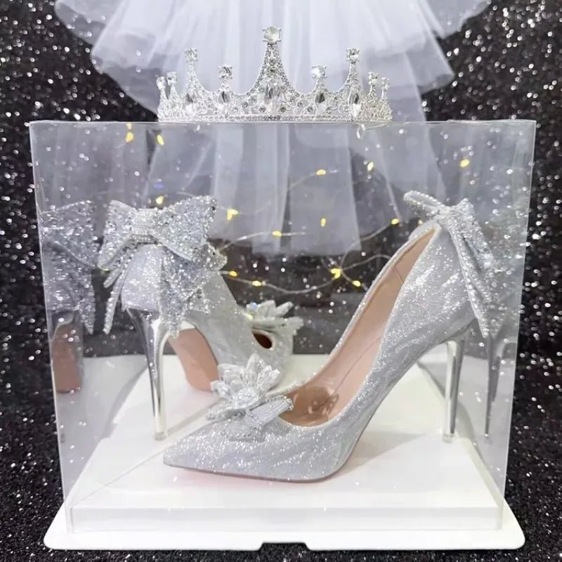 Crystal Bow Princess High Heels Silver Single Shoes Women Pointed Toe Stiletto Main Veil Bridal Wedding Shoes - Luzilly Bridal & Apparel