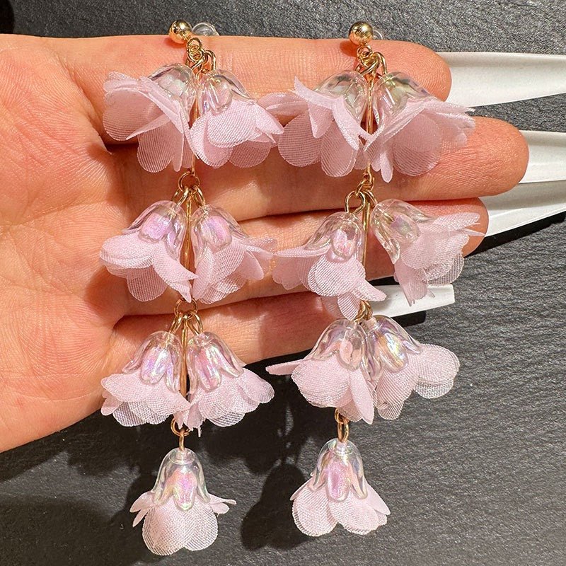 Crystal Flower Earrings Fabric Tassel Girl - Luzilly Bridal & Apparel