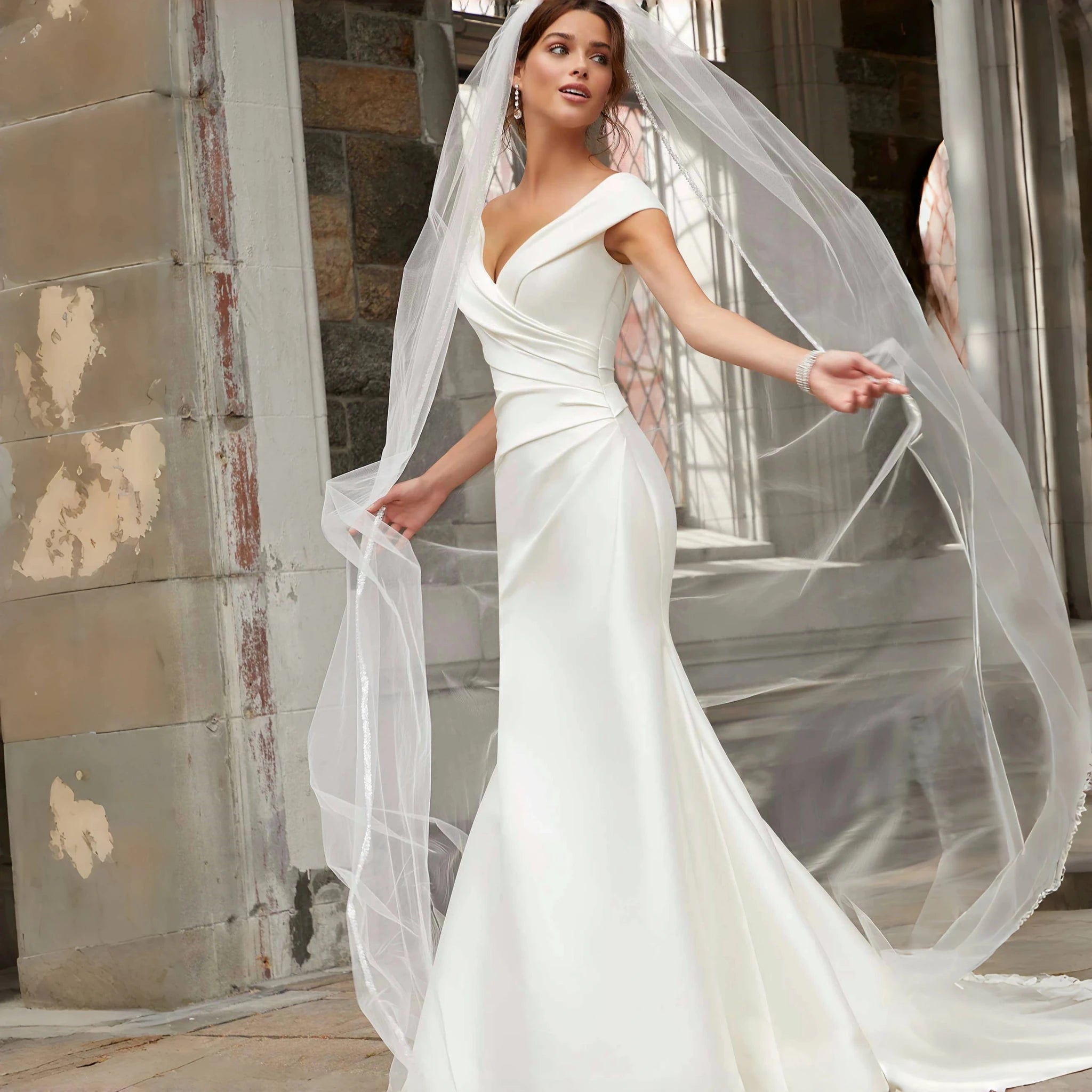 Crystal Organza Cathedral Veil with Rhinestone Edge - Luzilly Bridal & Apparel