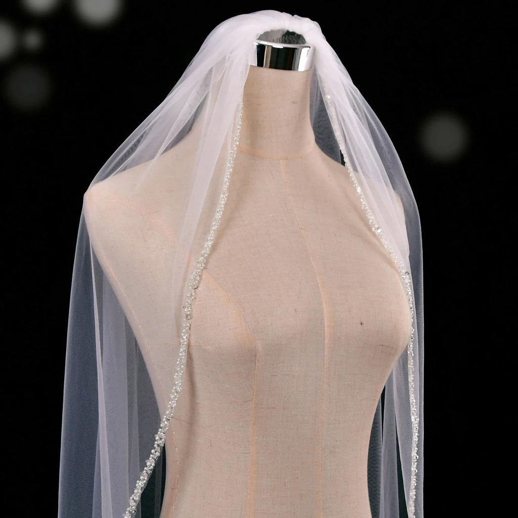 Crystal Organza Cathedral Veil with Rhinestone Edge - Luzilly Bridal & Apparel