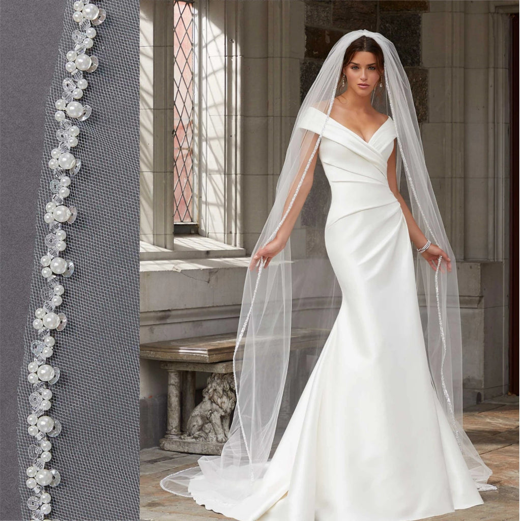 Crystal Organza Cathedral Veil with Rhinestone Edge - Luzilly Bridal & Apparel