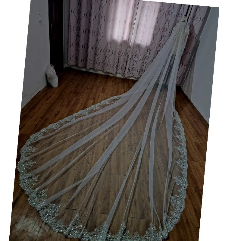 Crystal Pearl Lace Cathedral Veil with Metal Comb - Luzilly Bridal & Apparel