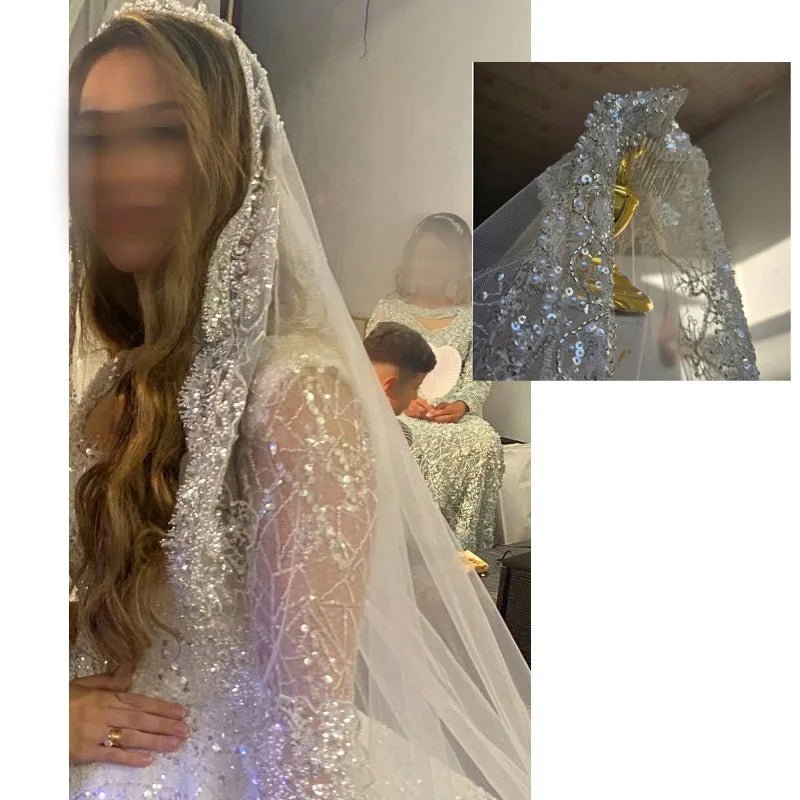 Crystal Pearl Lace Cathedral Veil with Metal Comb - Luzilly Bridal & Apparel