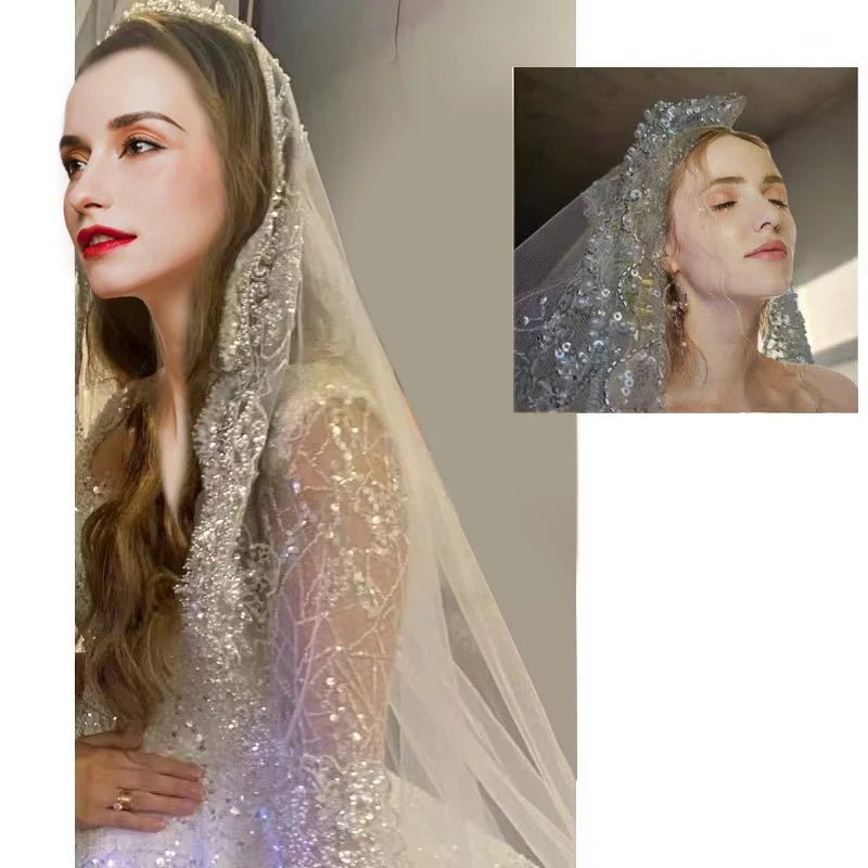 Crystal Pearl Lace Cathedral Veil with Metal Comb - Luzilly Bridal & Apparel