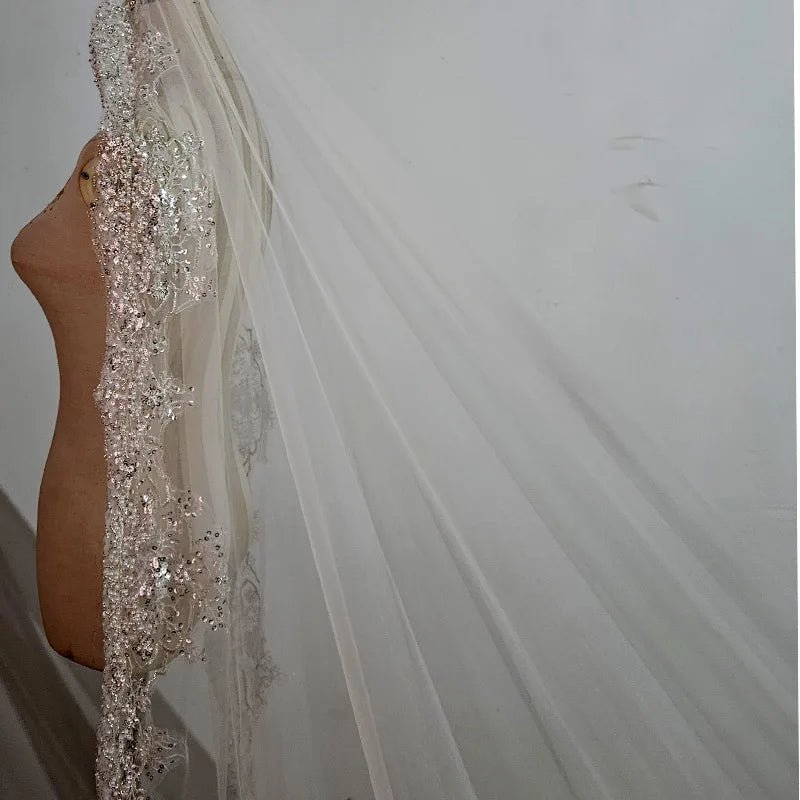 Crystal Pearl Lace Cathedral Veil with Metal Comb - Luzilly Bridal & Apparel