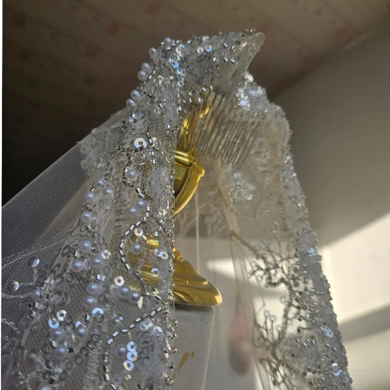 Crystal Pearl Lace Cathedral Veil with Metal Comb - Luzilly Bridal & Apparel