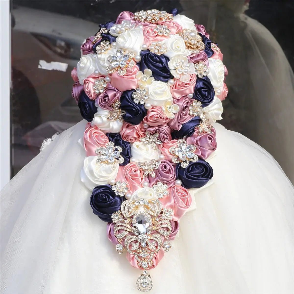 Crystal Satin Rose Waterfall Bridal Bouquet - Luzilly Bridal & Apparel