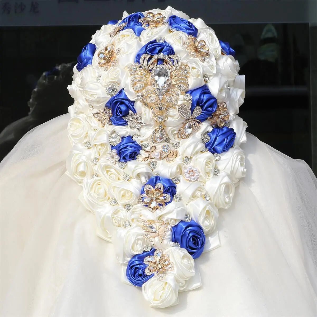Crystal Satin Rose Waterfall Bridal Bouquet - Luzilly Bridal & Apparel