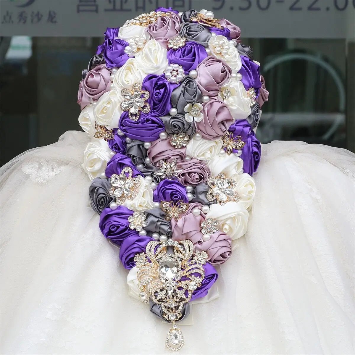 Crystal Satin Rose Waterfall Bridal Bouquet - Luzilly Bridal & Apparel