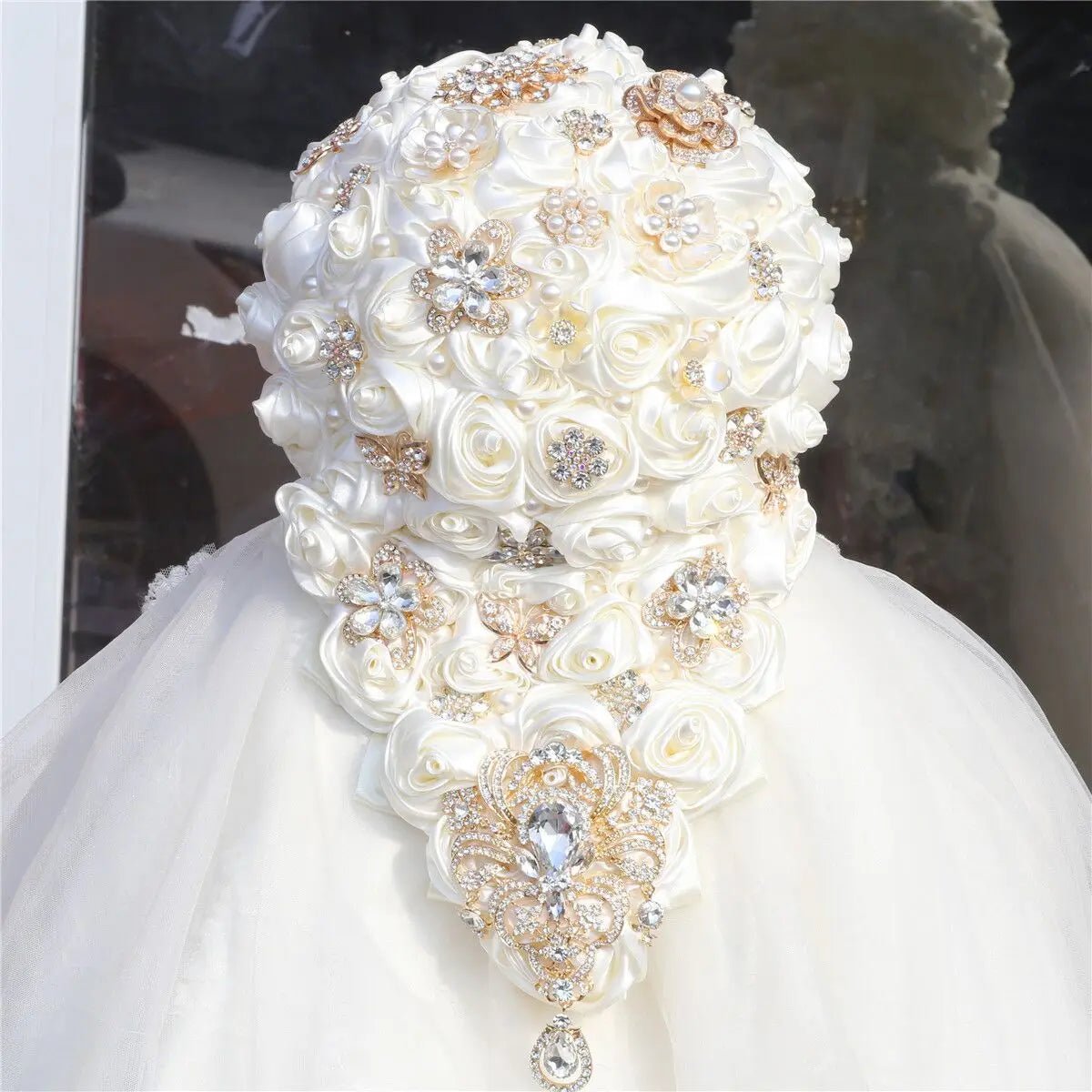 Crystal Satin Rose Waterfall Bridal Bouquet - Luzilly Bridal & Apparel