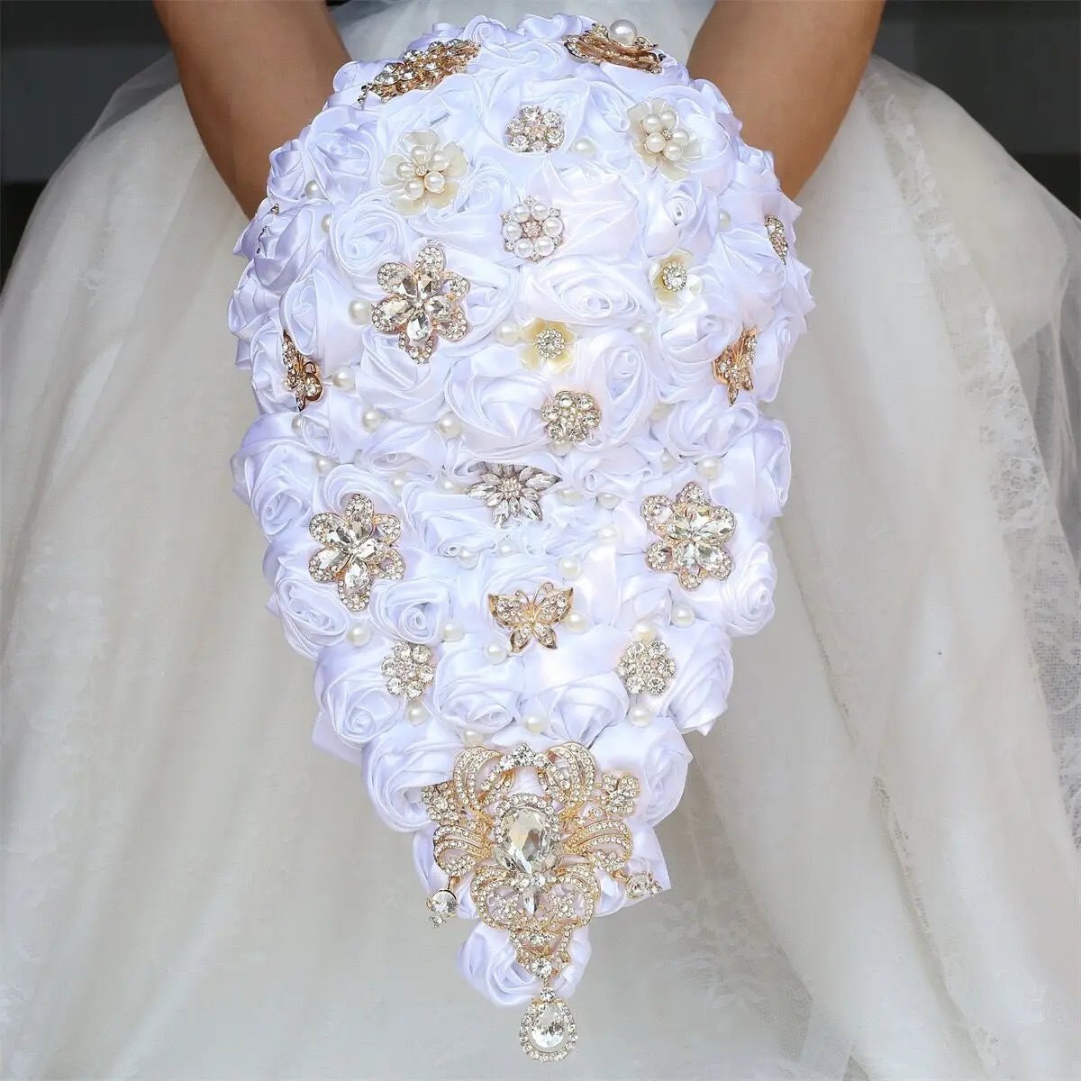 Crystal Satin Rose Waterfall Bridal Bouquet - Luzilly Bridal & Apparel