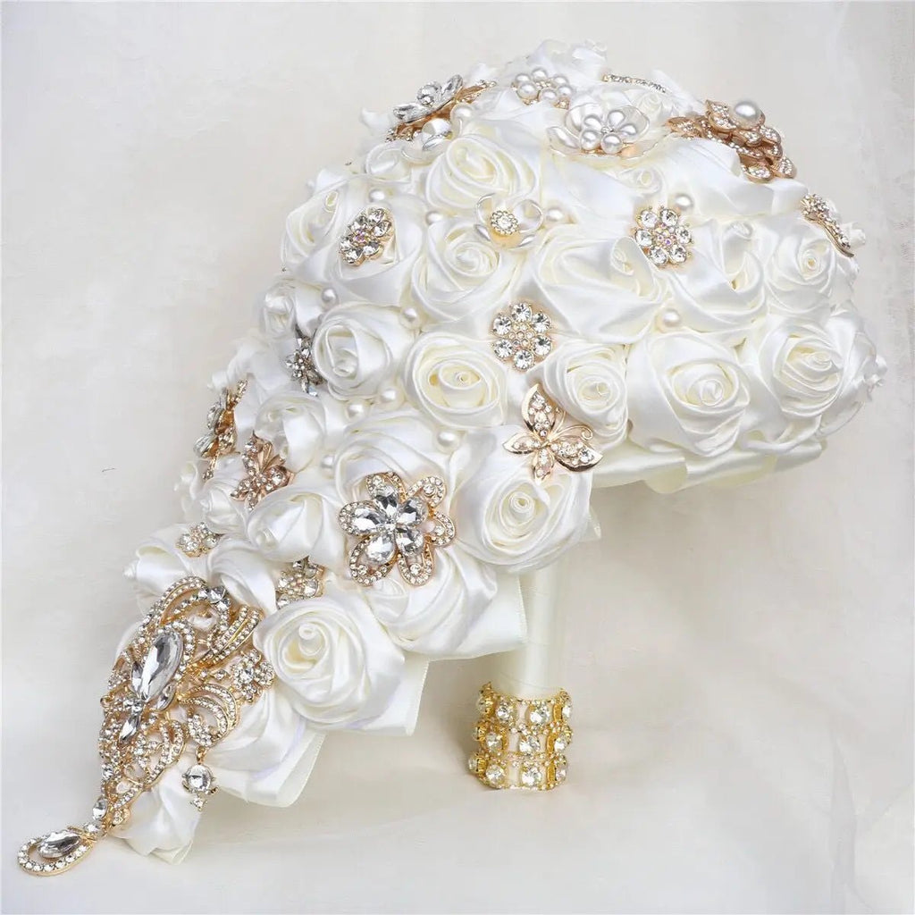 Crystal Satin Rose Waterfall Bridal Bouquet - Luzilly Bridal & Apparel