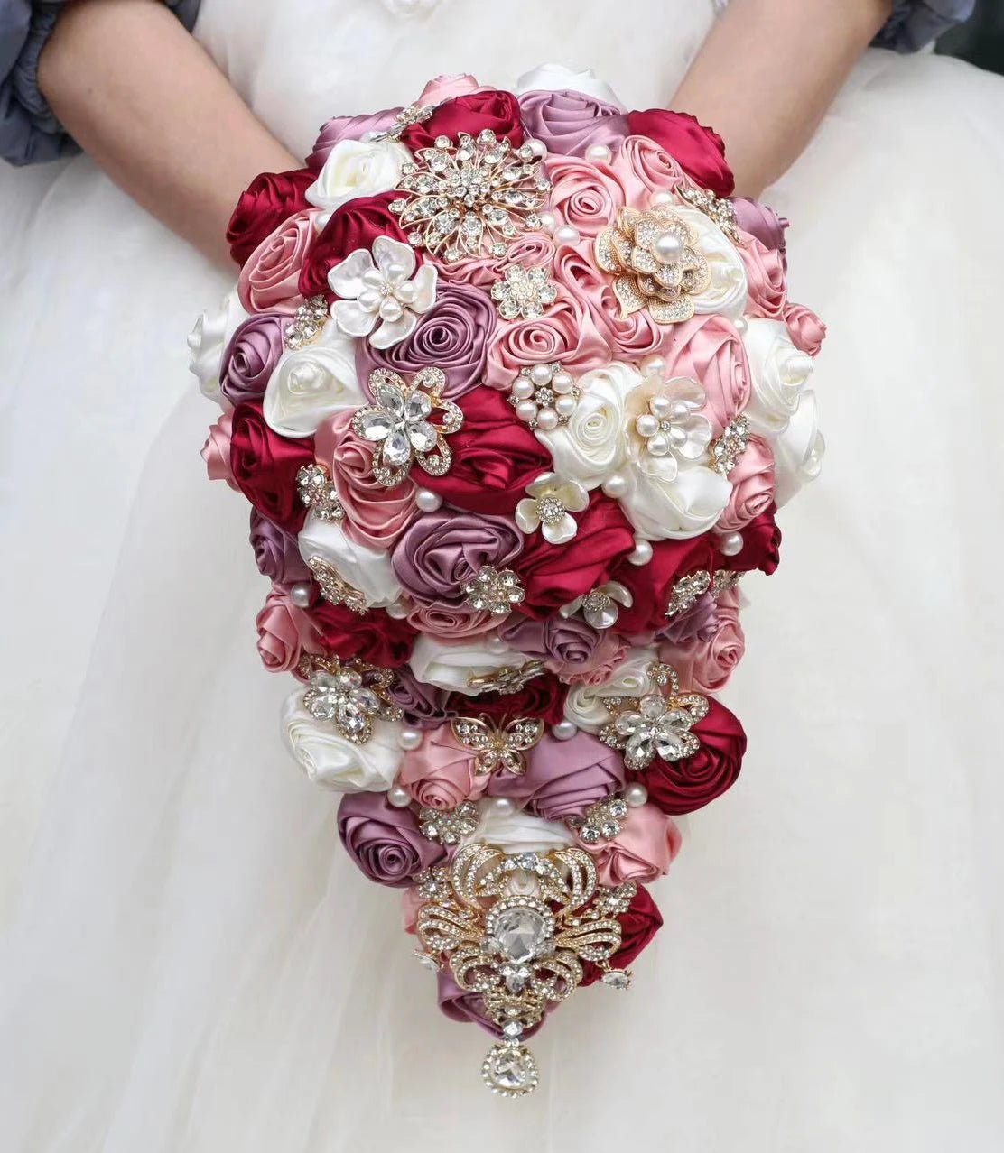 Crystal Satin Rose Waterfall Bridal Bouquet - Luzilly Bridal & Apparel