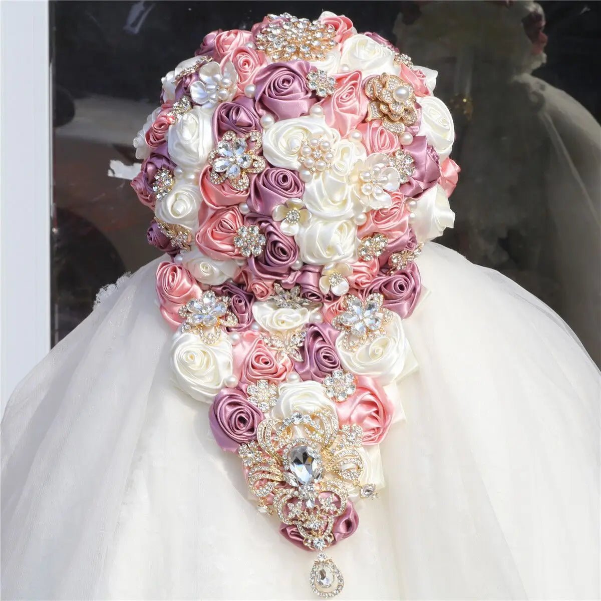 Crystal Satin Rose Waterfall Bridal Bouquet - Luzilly Bridal & Apparel