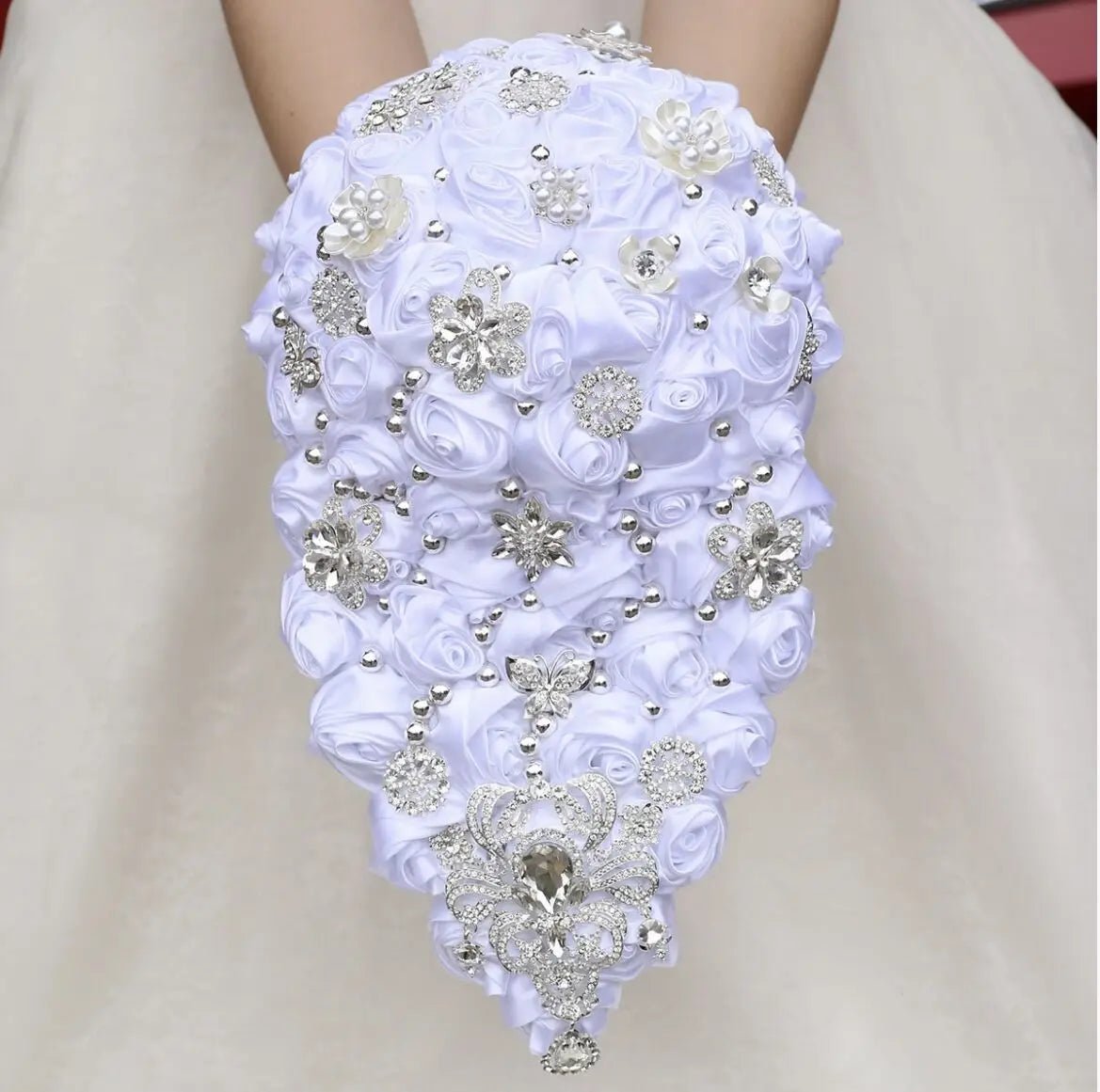 Crystal Satin Rose Waterfall Bridal Bouquet - Luzilly Bridal & Apparel