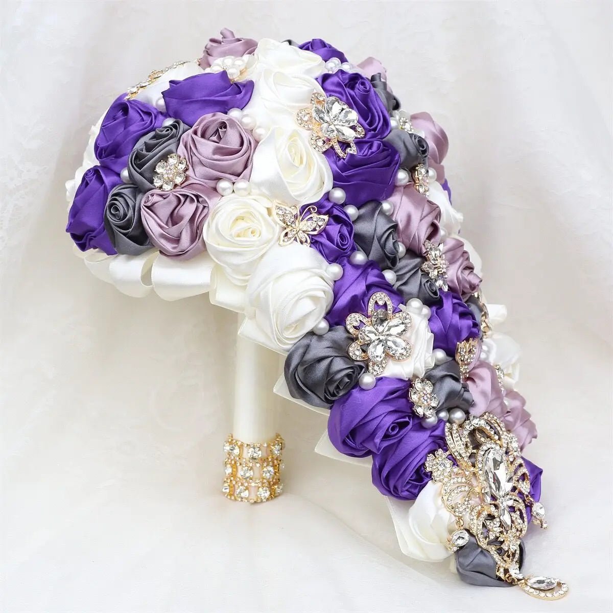 Crystal Satin Rose Waterfall Bridal Bouquet - Luzilly Bridal & Apparel