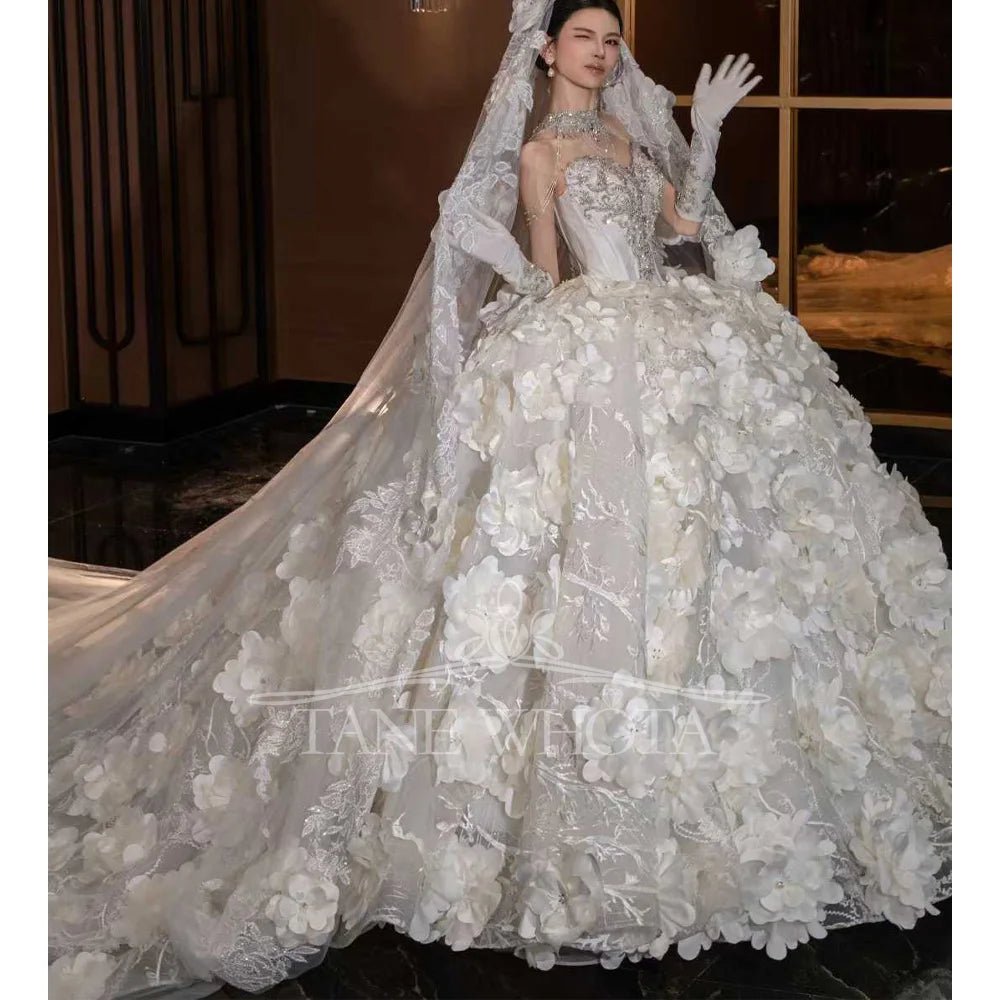 Crystal Sequin Floral Ball Gown Wedding Dress - Luzilly Bridal & Apparel