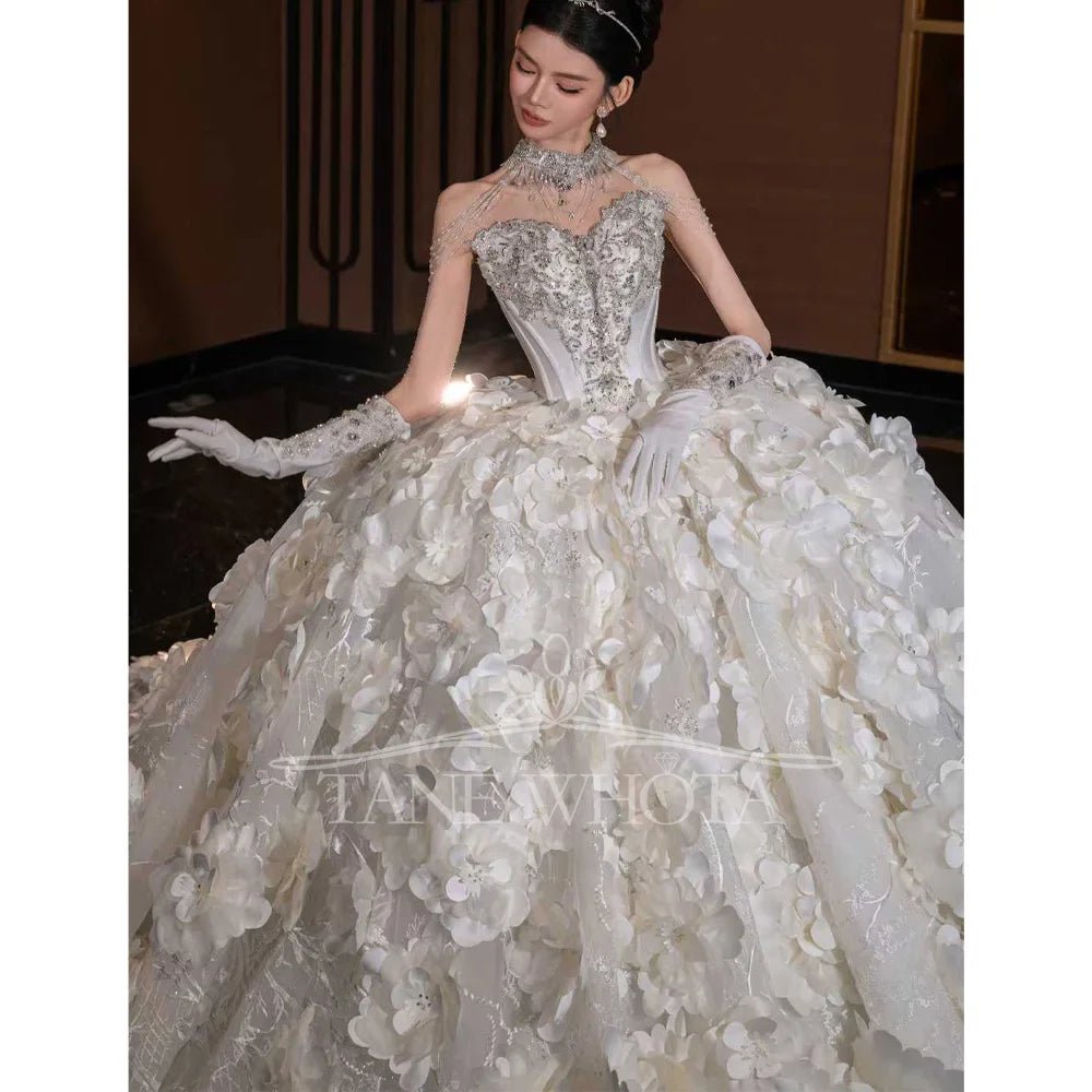 Crystal Sequin Floral Ball Gown Wedding Dress - Luzilly Bridal & Apparel