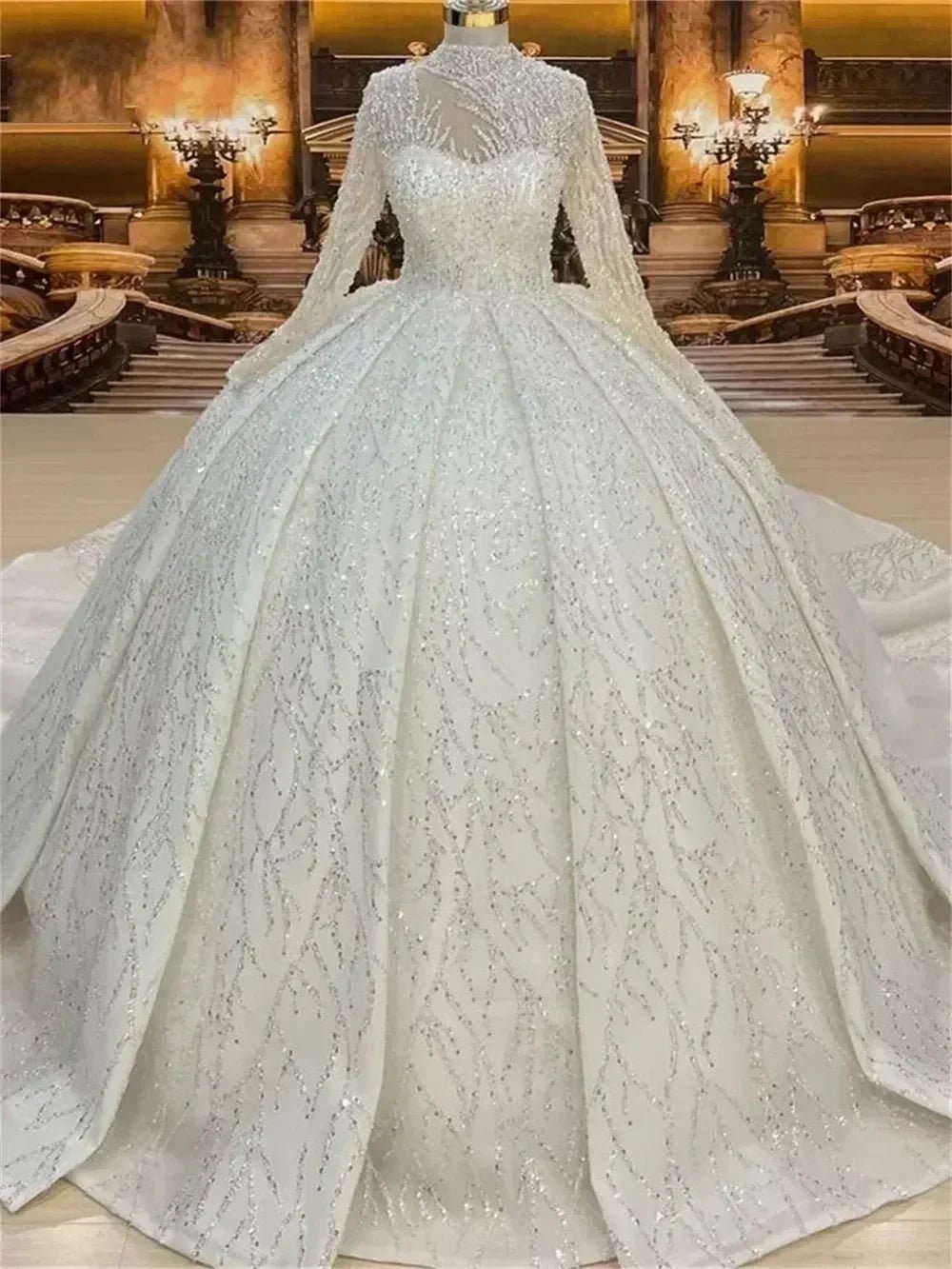 Custom High Neck Ball Gown Wedding Dress | Beaded Arabic Gown - Femstylo - Luzilly Bridal & Apparel