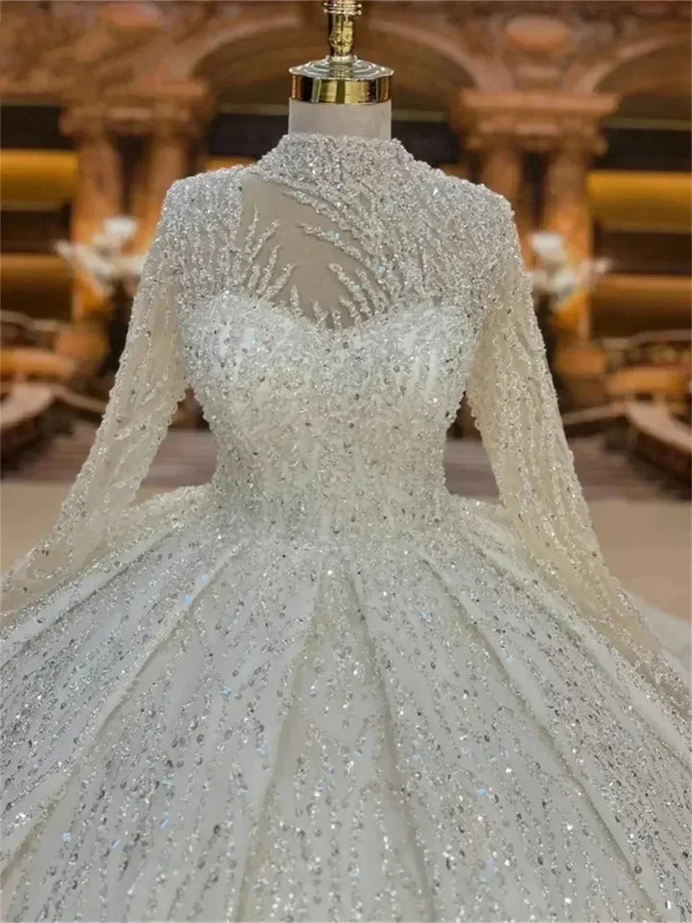 Custom High Neck Ball Gown Wedding Dress | Beaded Arabic Gown - Femstylo - Luzilly Bridal & Apparel