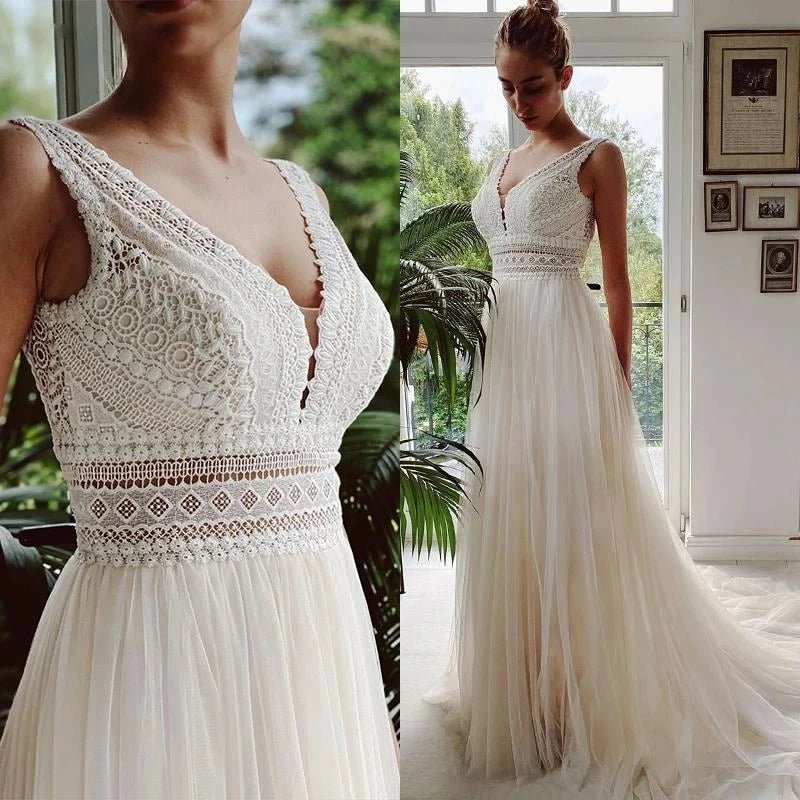 Customized Bohemian Wedding Dresses V Neck Appliques Lace Tulle Ivory Elegant Prom Gowns A-Line Bride Boho Vestidos De Novia - Luzilly Bridal & Apparel