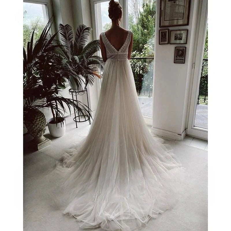 Customized Bohemian Wedding Dresses V Neck Appliques Lace Tulle Ivory Elegant Prom Gowns A-Line Bride Boho Vestidos De Novia - Luzilly Bridal & Apparel