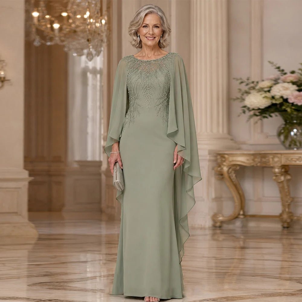 Customized Mother of The Bride Dress Cape Sleeves Pleated Scoop Neck Beading Chiffon Mermaid Wedding Guest Gowns Party Dresses - Luzilly Bridal & Apparel