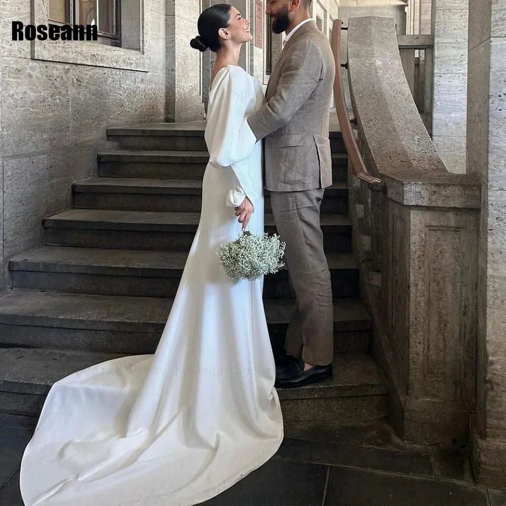 Customized Muslim Exquisite A-line Wedding Dresses V-Neck Draped Pleat Puff Sleeve Bride Dress Brush Train robe de mariée - Luzilly Bridal & Apparel