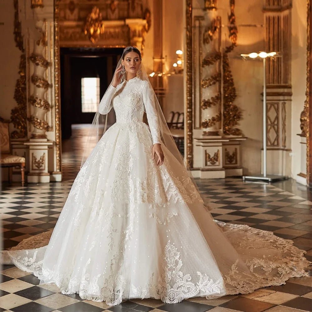 Customized Muslim Wedding Dresses High Collar Beading Appliques Lace Full Sleeves Princess Bride Gowns Vestidos De Novia - Luzilly Bridal & Apparel