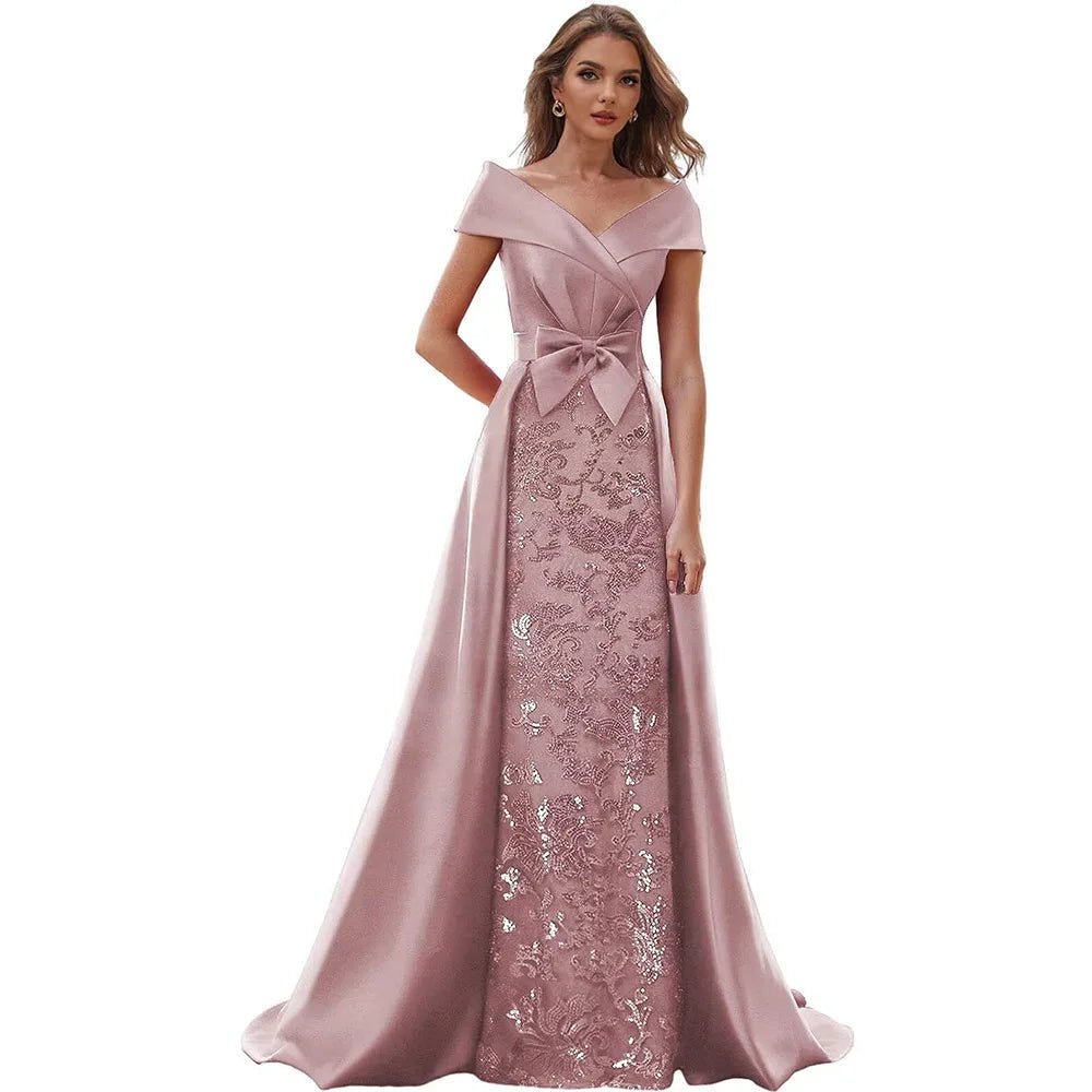 Customized Off The Shoulder Mother of The Bride Dresses for Women Wedding Guest Long Formal Dress with Bow Train 2025 - Luzilly Bridal & Apparel