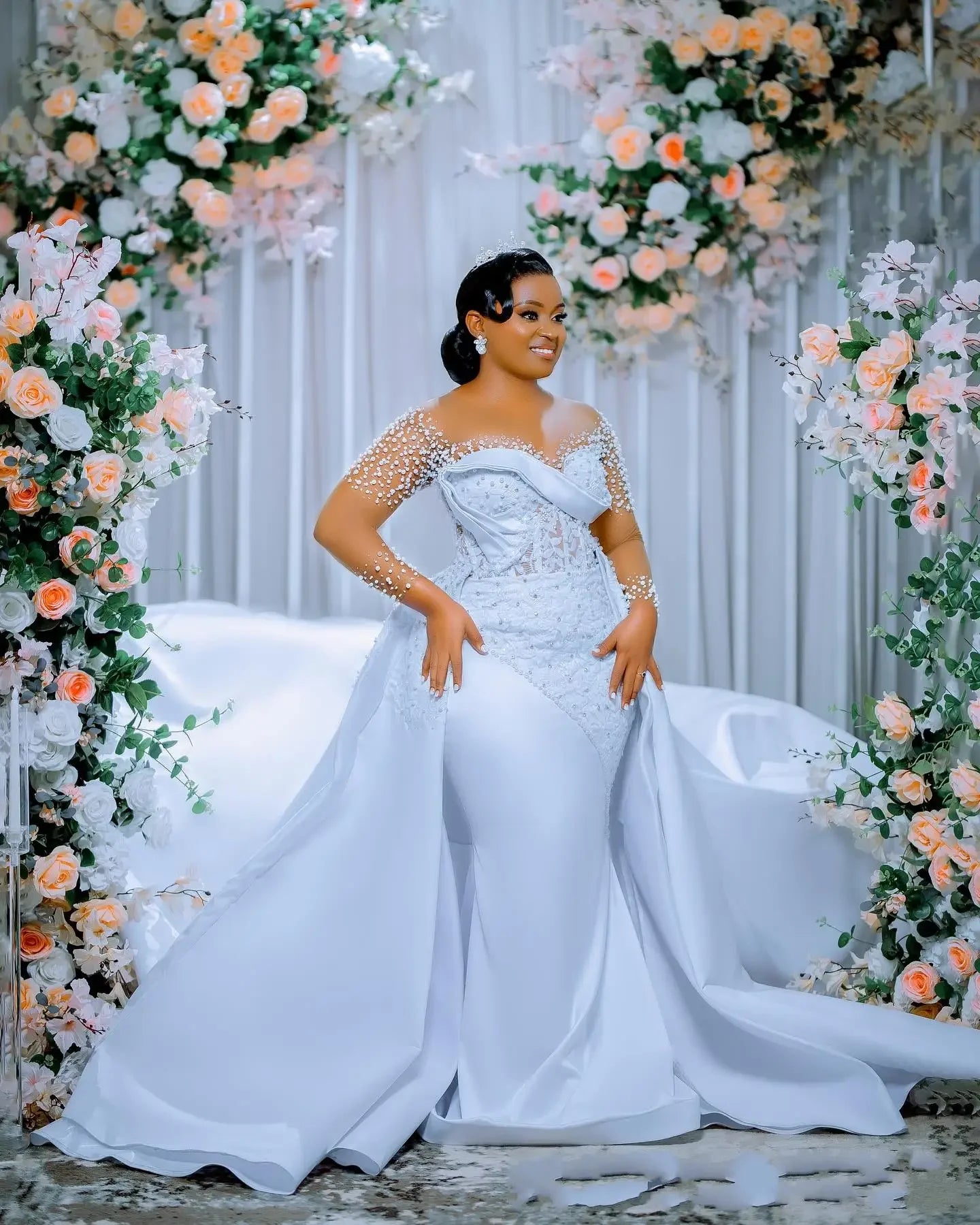Customized Phantom Round Neck Mermaid Wedding Dress Long Sleeve Handmade Bead Sparkling Bridal Dress Detachable Tail - Luzilly Bridal & Apparel